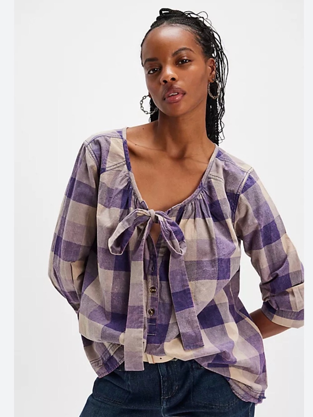 We The Free Purple and Cream Plaid Sleeveless Peasant Top